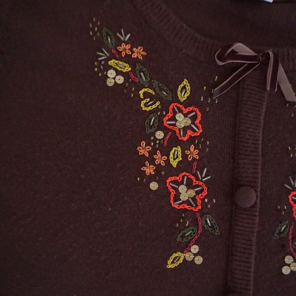 VTG Sag Harbor Brown Floral Embroidered Sequin Ribbon Button Knit Cardigan L - Picture 5 of 12
